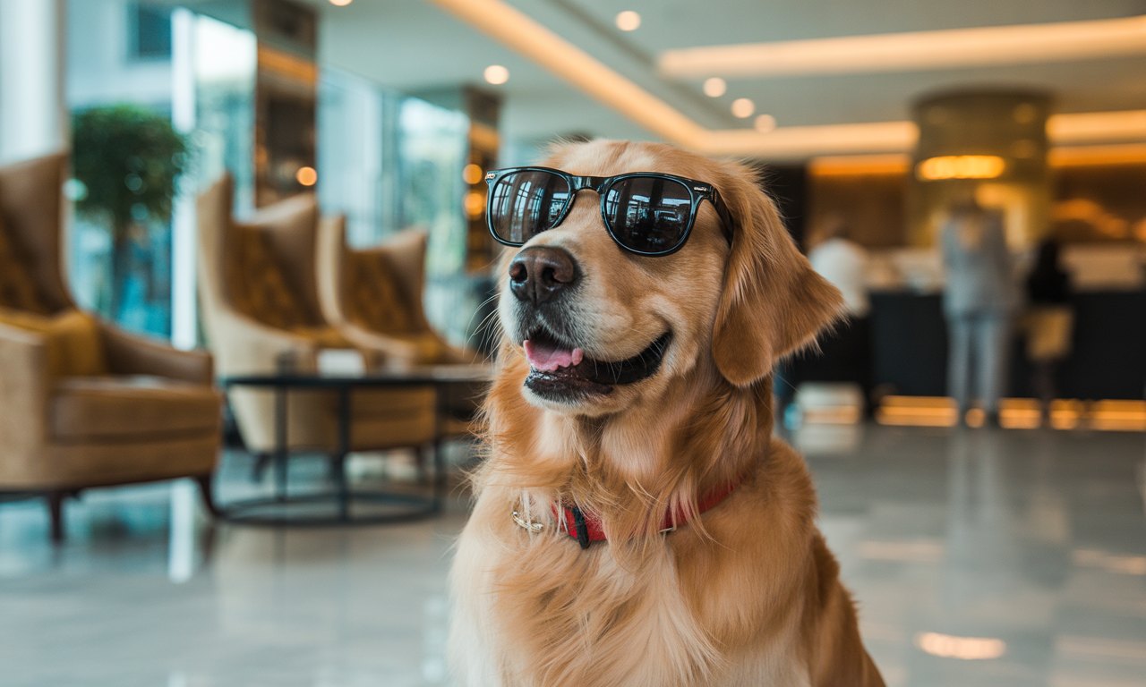 Golden retriever con occhiali da sole nella hall di un hotel