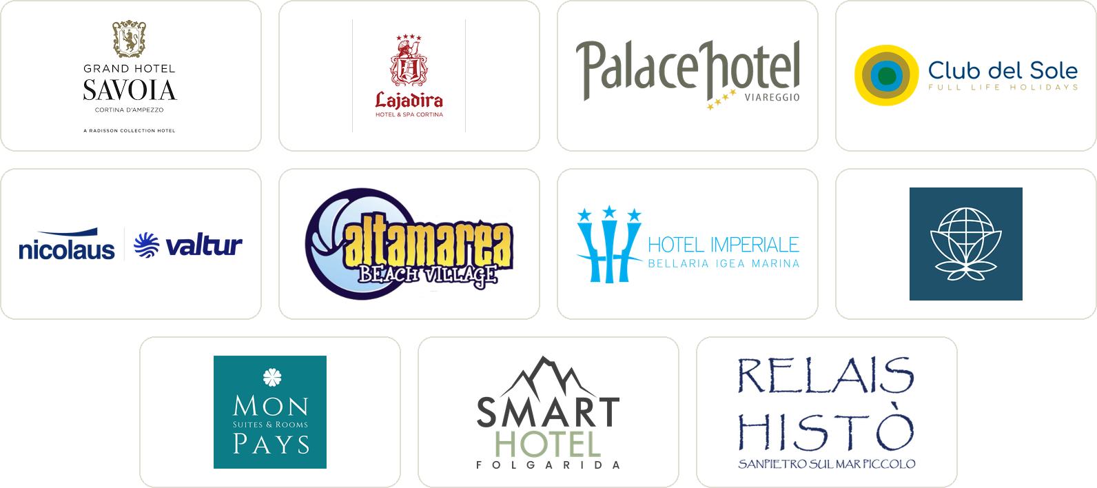 Loghi dei clienti: Grand Hotel Savoia Cortina, Lajadira Hotel e Spa Cortina, Palace Hotel Viareggio, Club del Sole, Nicolaus e Valtur, Altamarea Beach Village, Hotel Imperiale Bellaria, Hotel Universo, Mon Pays, Smart Hotel Folgarida, Relais Histò San Pietro sul Mar Piccolo