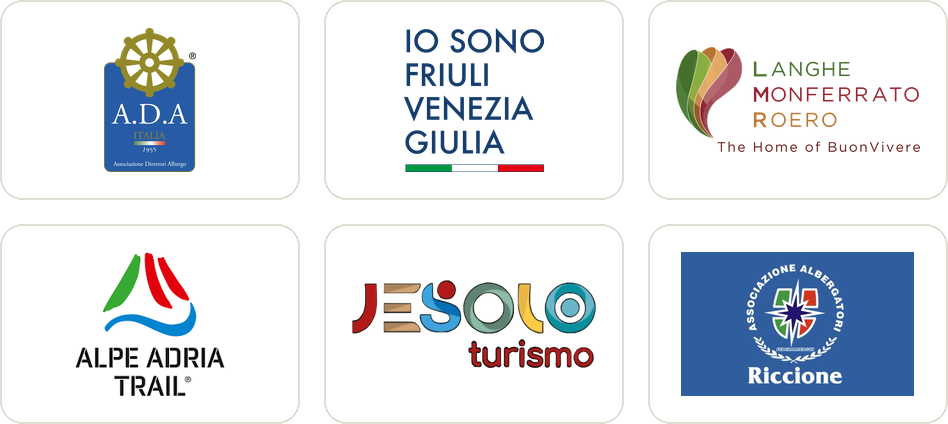 Loghi di ADA Associazione Direttori Albergo, Io sono Friuli Venezia Giulia, Langhe Monferrato Roero, Alpe Adria Trail, Jesolo Turismo, Associazione Albergatori Riccione
